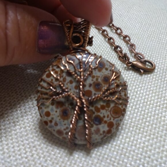 Natural ASTERIOD JASPER Handmade COPPER WIRE-WRAPPED TREE Pendant/Chain #232C - Picture 3 of 3